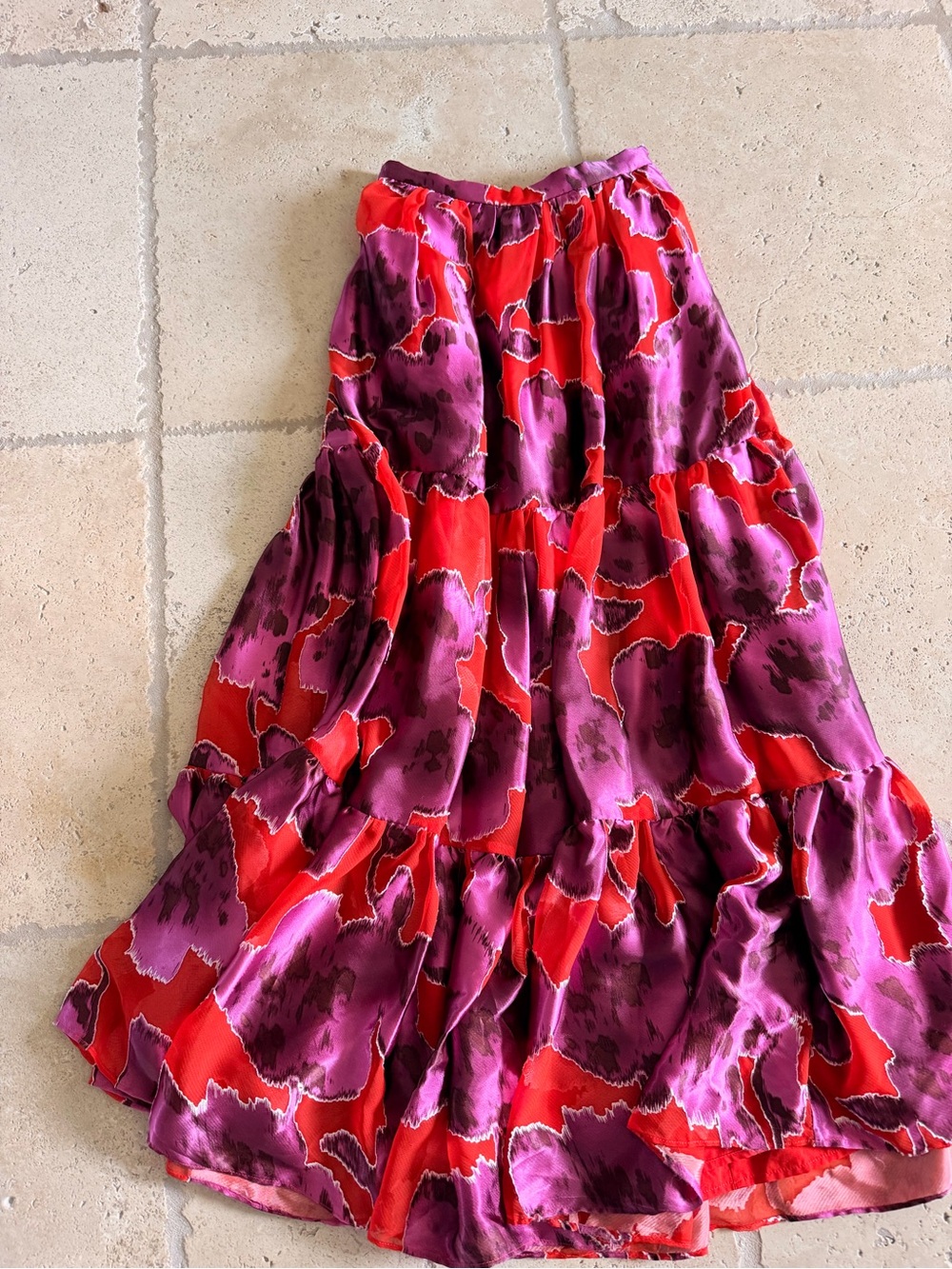 Anthropologie Bold Red and Purple Tiered Maxi Skirt silk and chiffon
